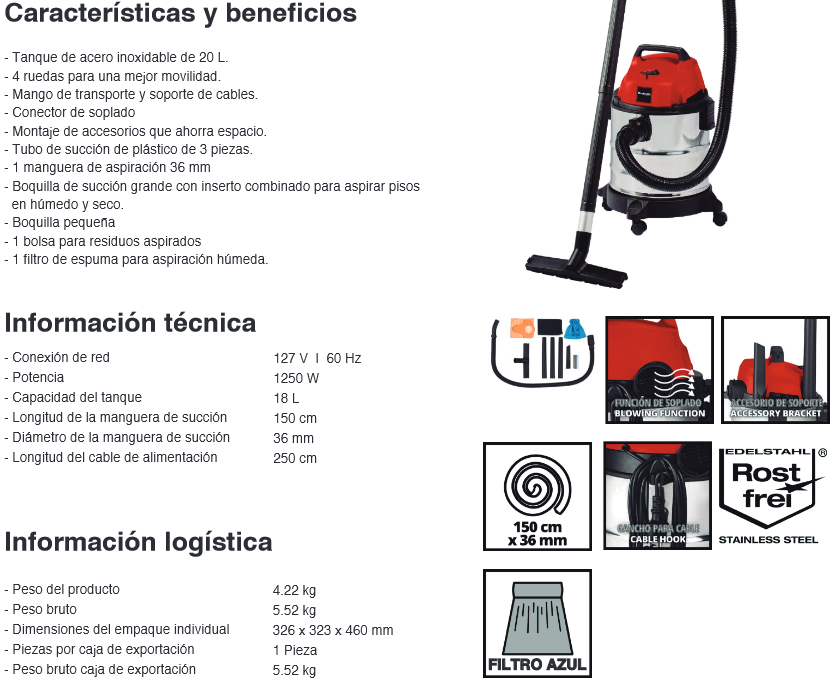 Aspiradora humedo seco 18L 1250W Einhell